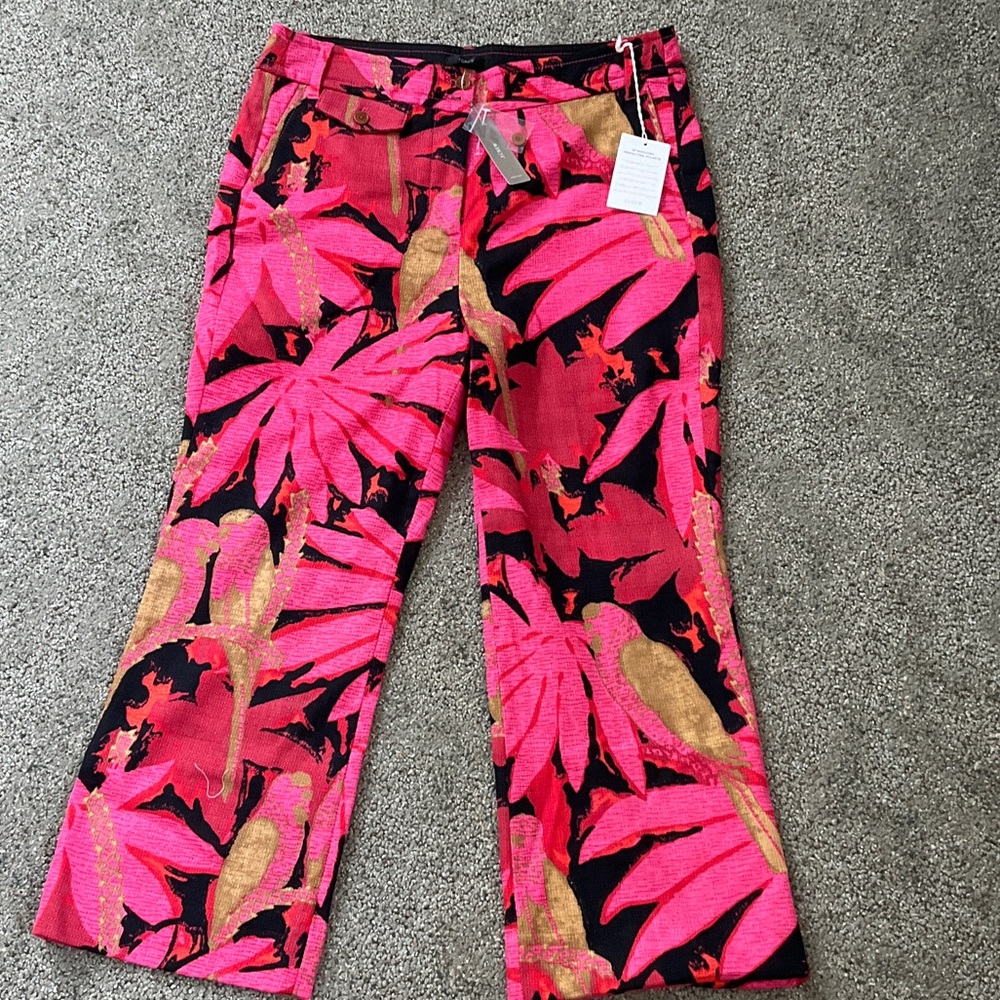 NWT J. Crew Hot Pink Tropical Print Pants with Black & Gold Accents Size 12